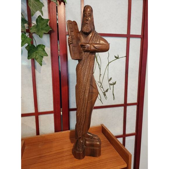 Vintage Hand Carved Wood Moses Ten Commandments Statue